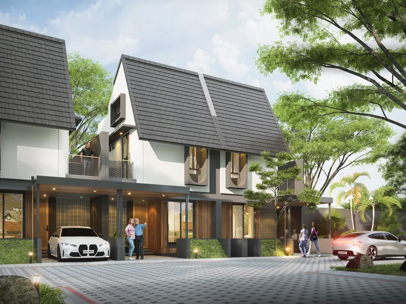 Render eksterior rumah tipe 85 dengan attic room di Arumba Utama Resort, atap tinggi dan carport di siang hari