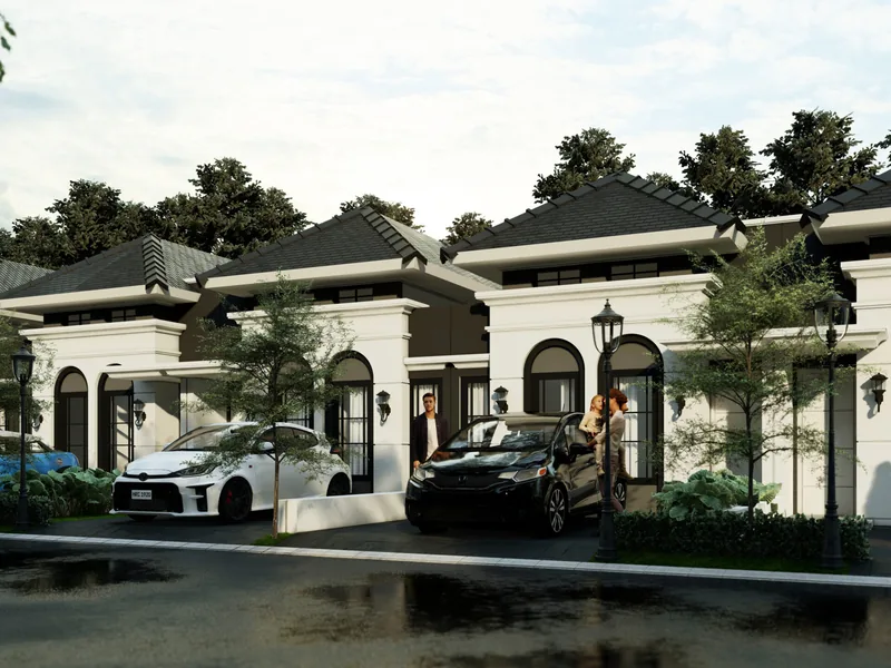 Render fasad Aruna Hill Malang: deretan rumah satu lantai bergaya klasik putih dengan atap gelap dan carport