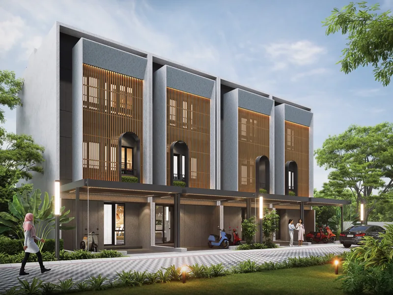 Render eksterior Garden Palma Luxury tipe 9 kamar, bangunan tiga lantai berfasad kisi kayu dengan jendela lengkung